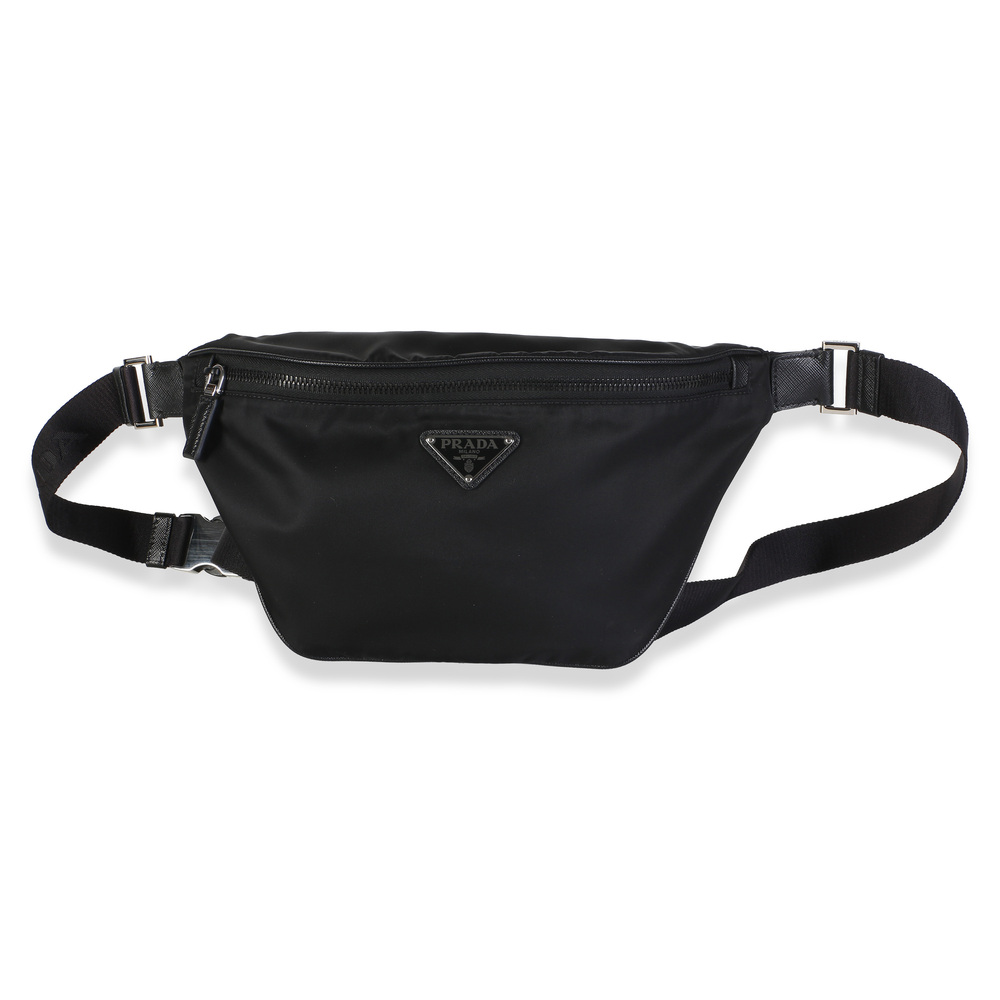 Prada Black Re-Nylon Saffiano Logo Plate Belt Bag